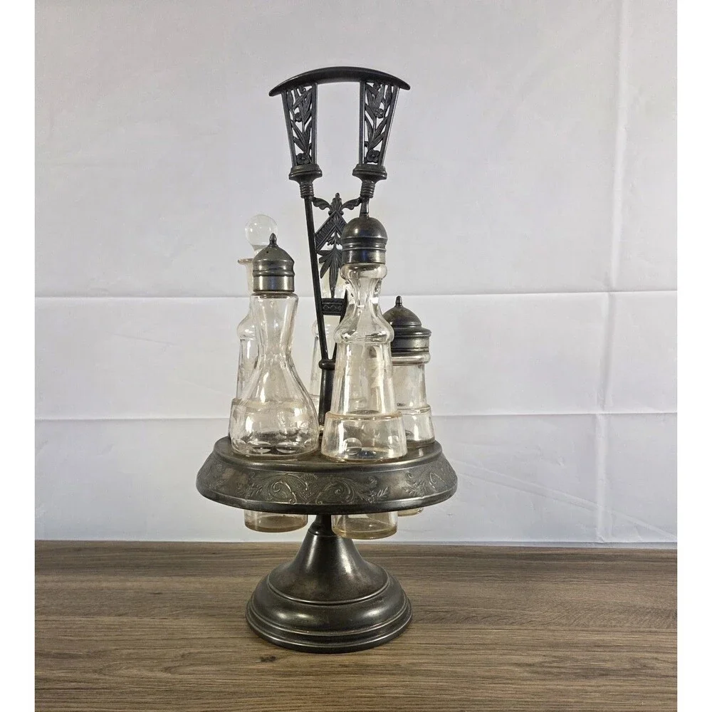 Antique 1880s‎ Meriden Britannia Quadruple Cruet Castor Set Silverplate